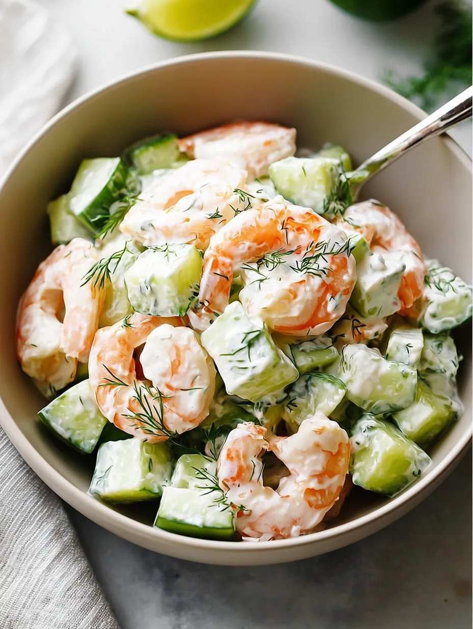 A bowl of shrimp salad with cucumbers.