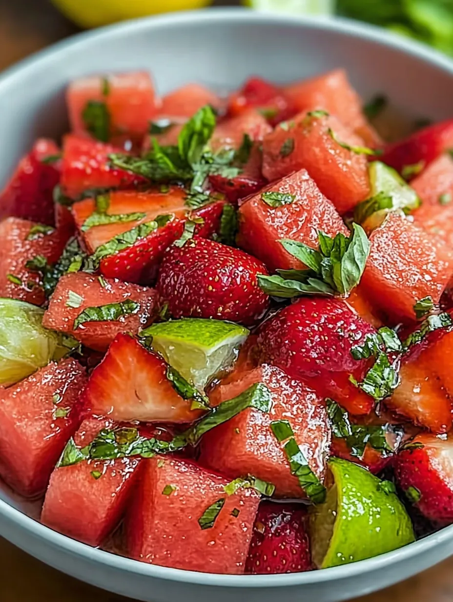 A bowl of watermelon and strawberries.