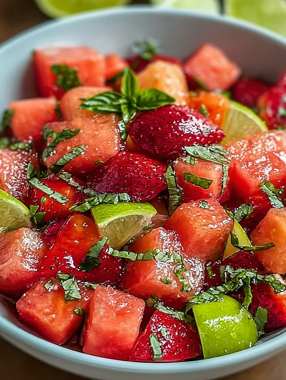 A bowl of fruit with watermelon, strawberries, and limes.