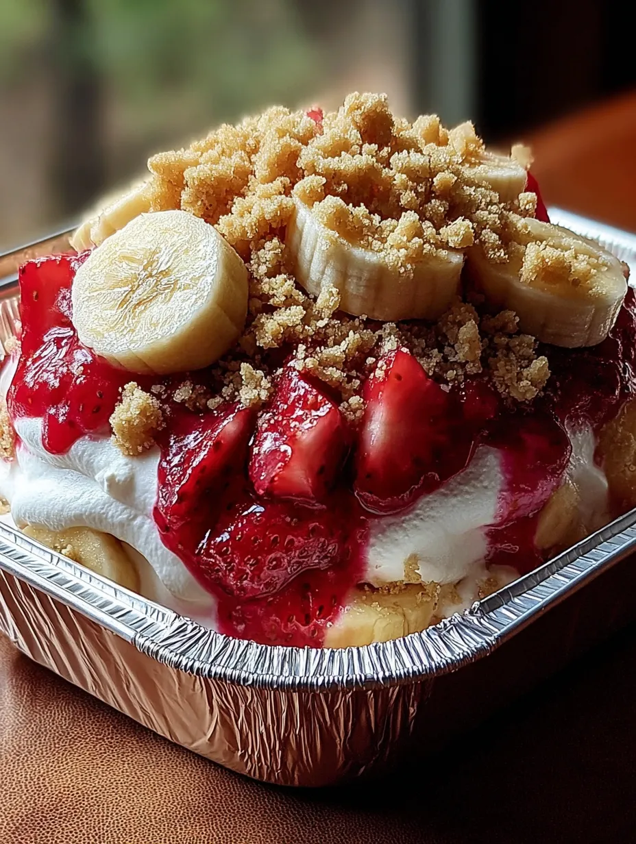 A dessert with bananas, strawberries, and whipped cream.