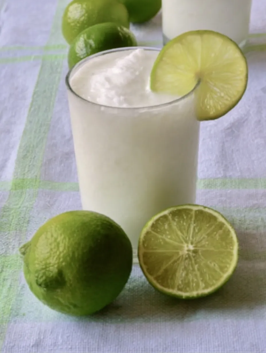 A glass of white drink with limes on the side.