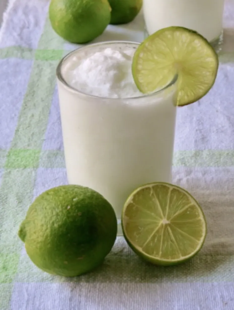 A glass of milk with limes on the side.