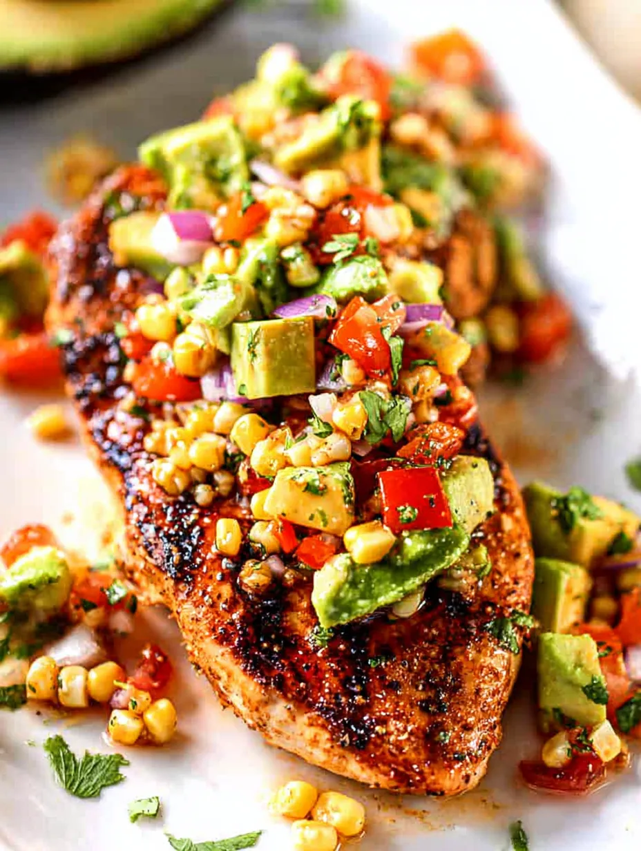 A piece of chicken with vegetables on top.