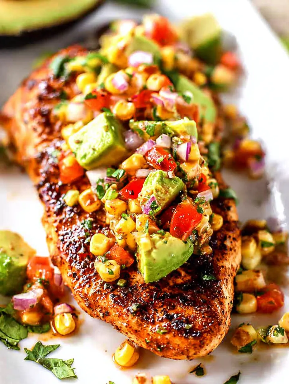 A piece of chicken with salsa on it.