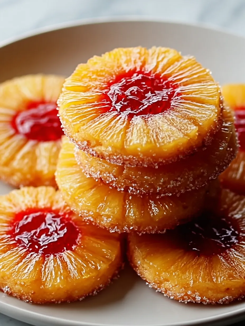 A stack of pineapple donuts with red jelly.