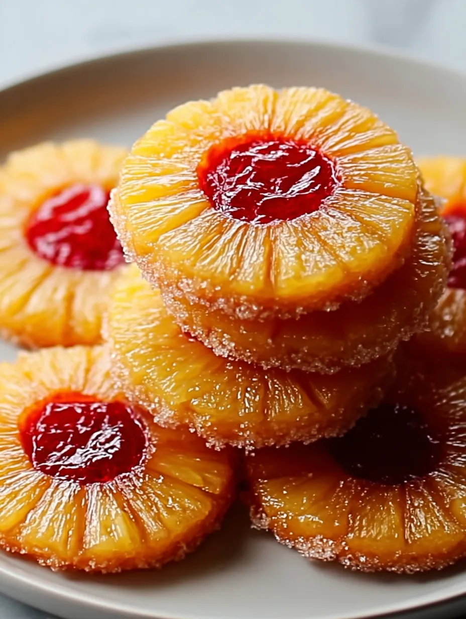 A stack of pineapple donuts with red jelly.