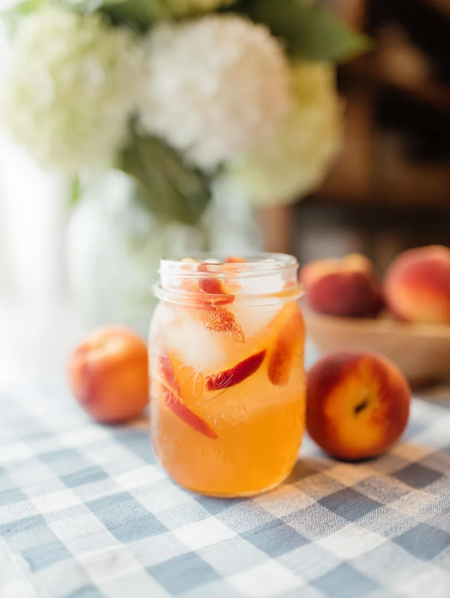 A jar of peach juice with a peach in it.