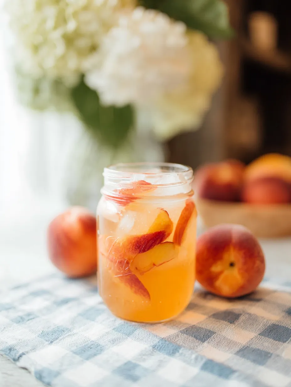 A glass jar filled with peach juice and peaches.