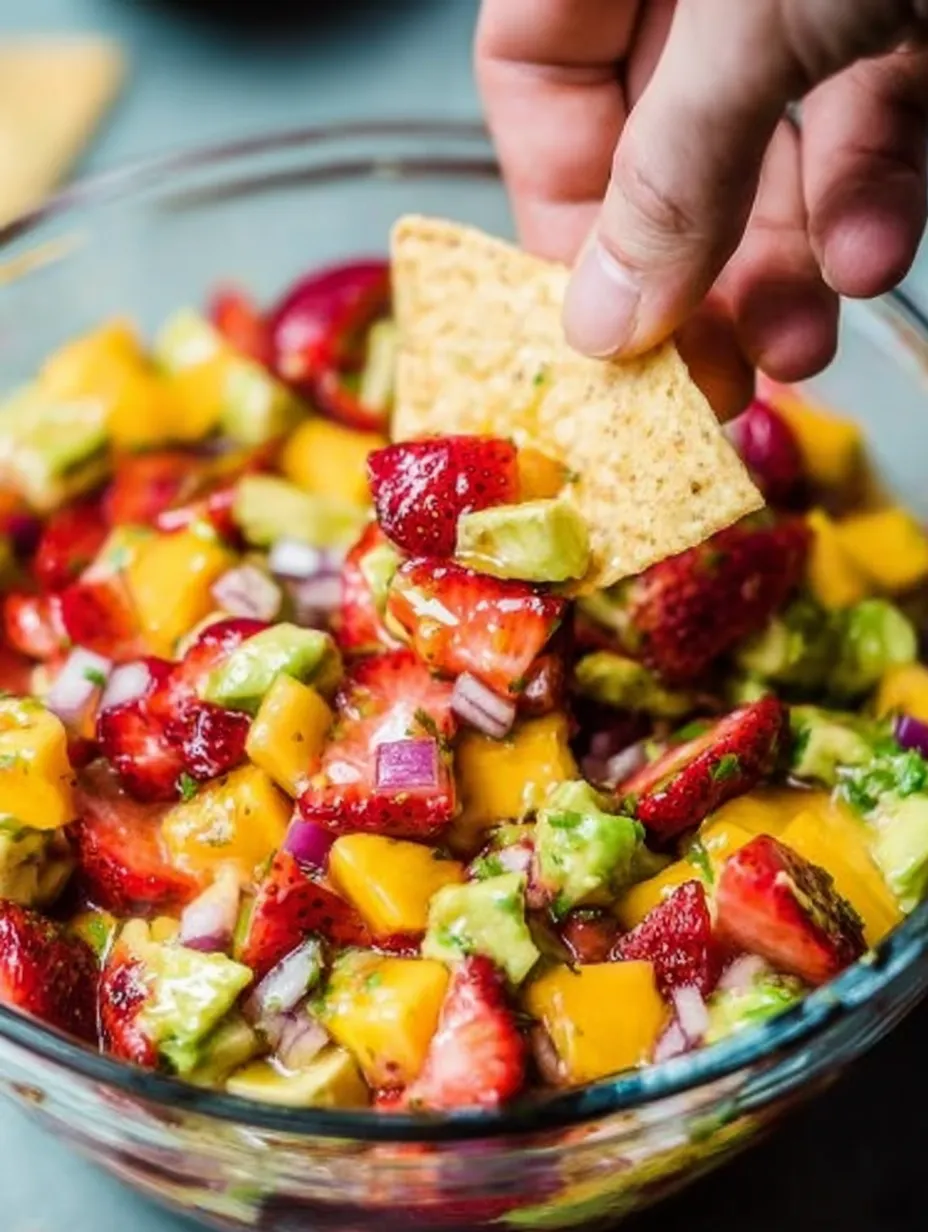 A hand grabbing a piece of chips from a bowl of fruit.