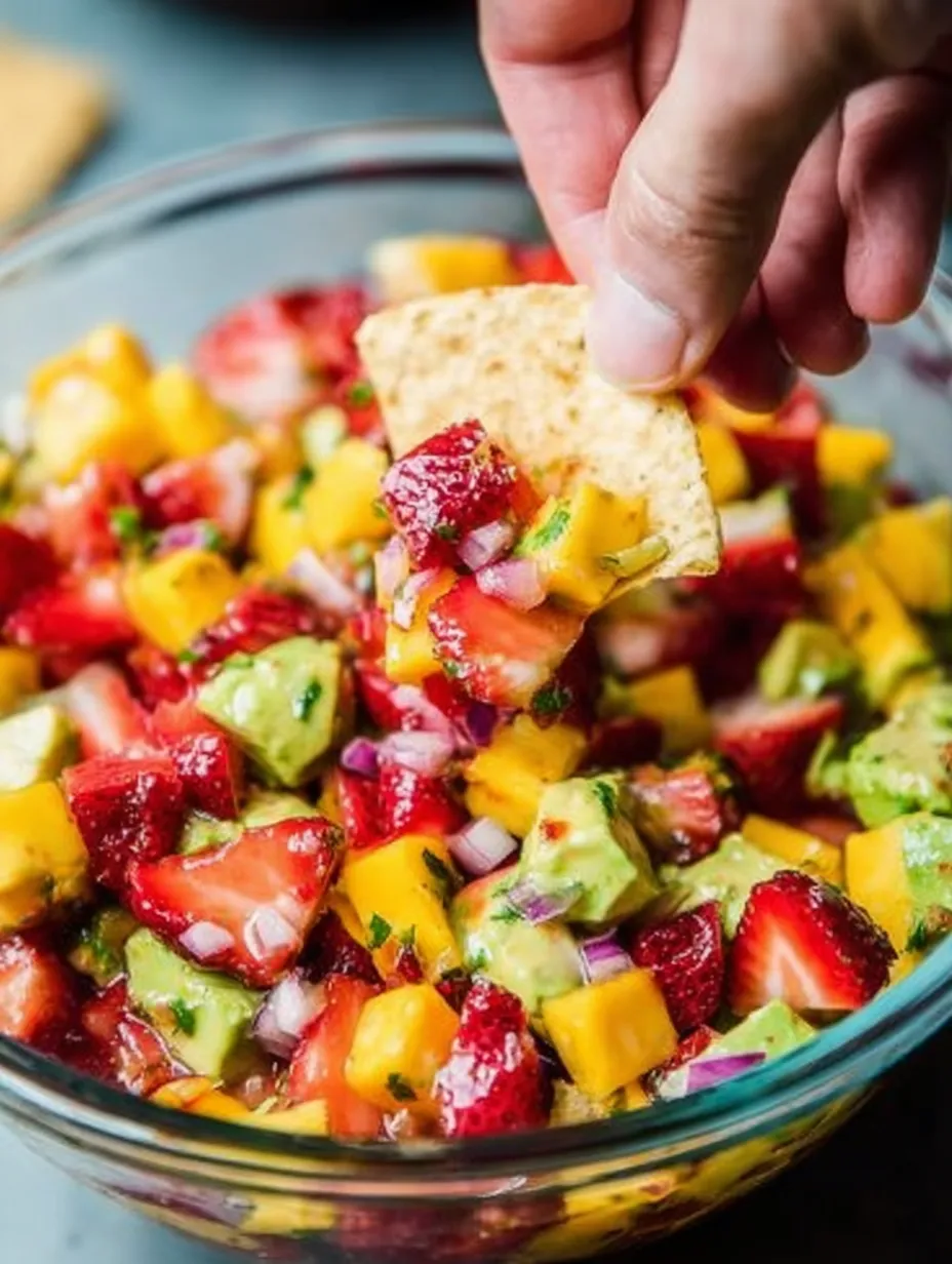 A hand is grabbing a tortilla chip from a bowl of fruit salad.