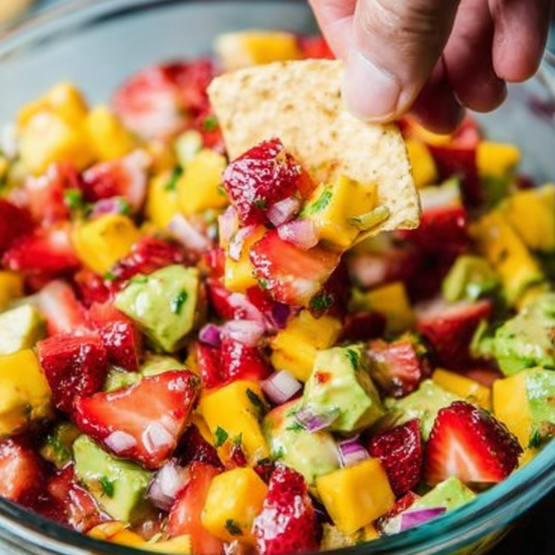 A hand grabs a piece of chips from a bowl of fruit.