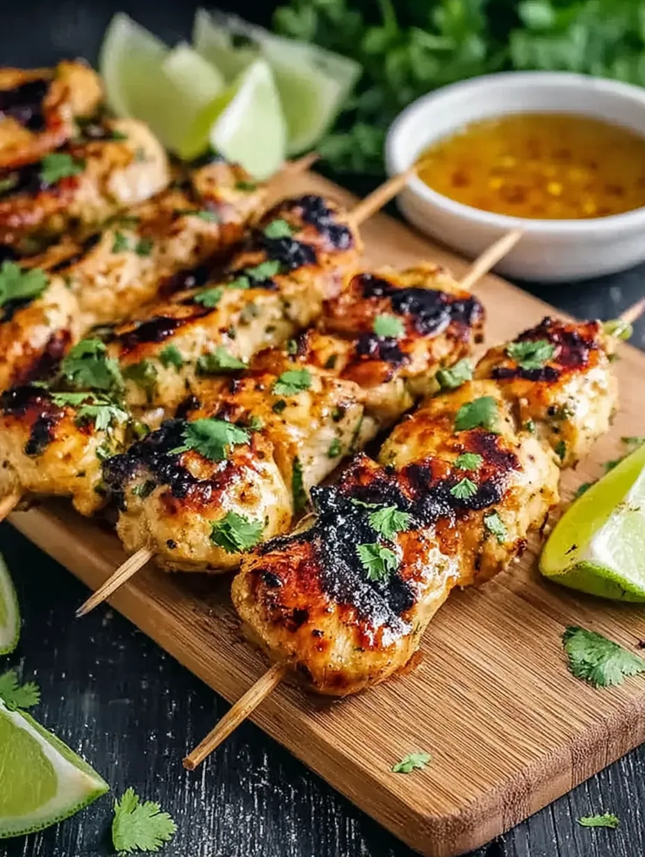 A wooden platter with skewers of meat and lime wedges.