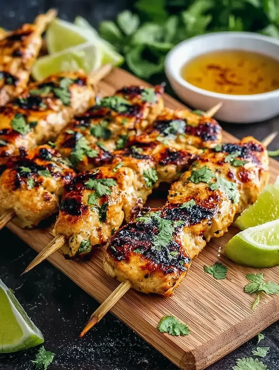 A wooden platter with skewers of meat and lime wedges.