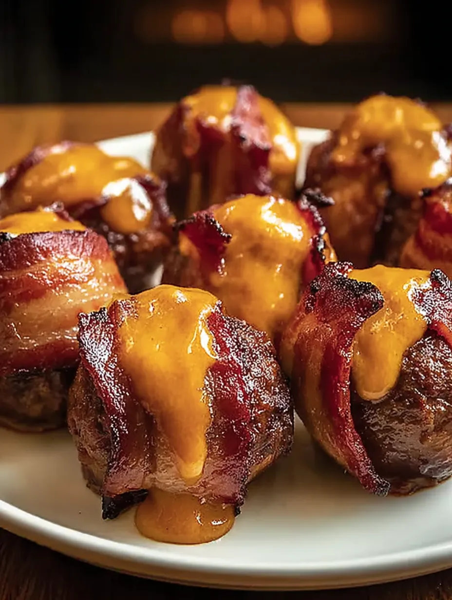 Bacon wrapped meatballs with cheese sauce.