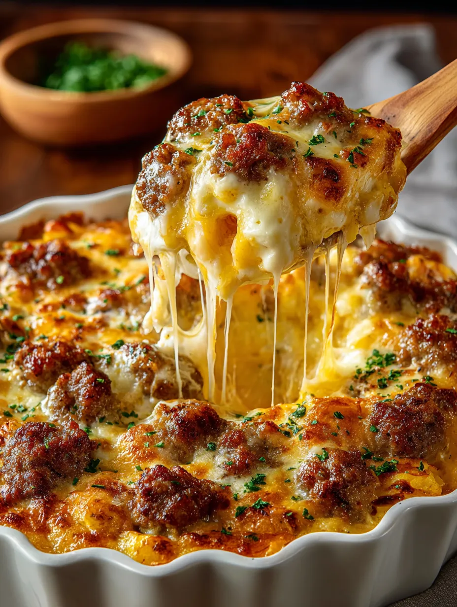 A cheesy casserole with meat and cheese.