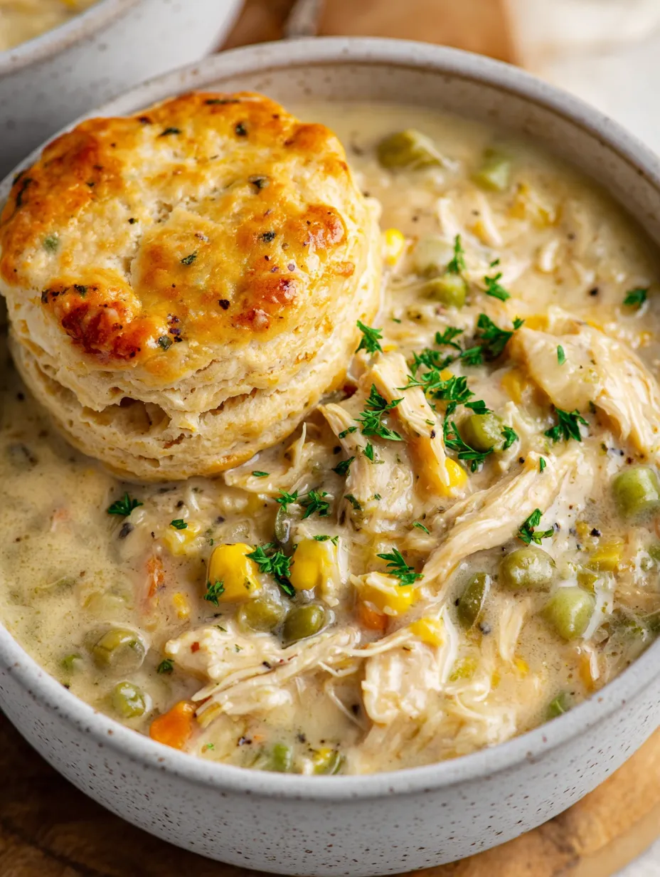 A bowl packed with chicken and veggies, topped with a flaky biscuit.
