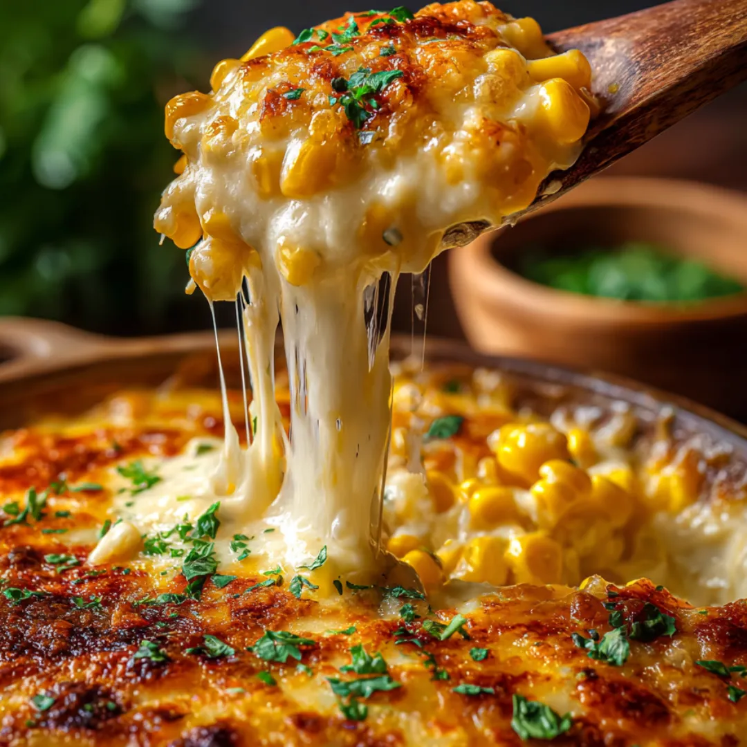 Zoomed-in view of a cheesy, golden corn and chicken bake.
