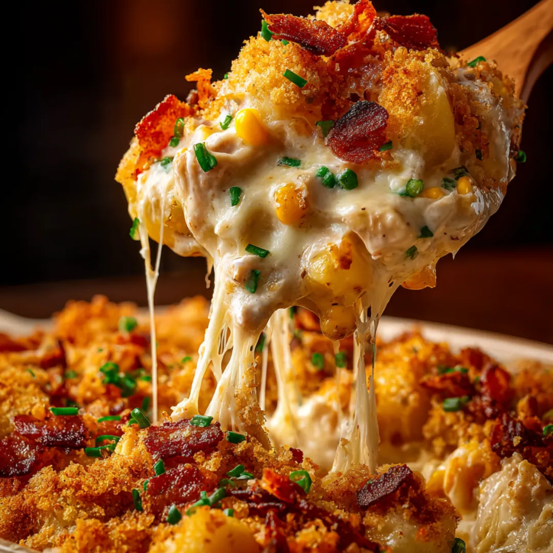 Melted cheese and bacon topping on a serving of casserole.