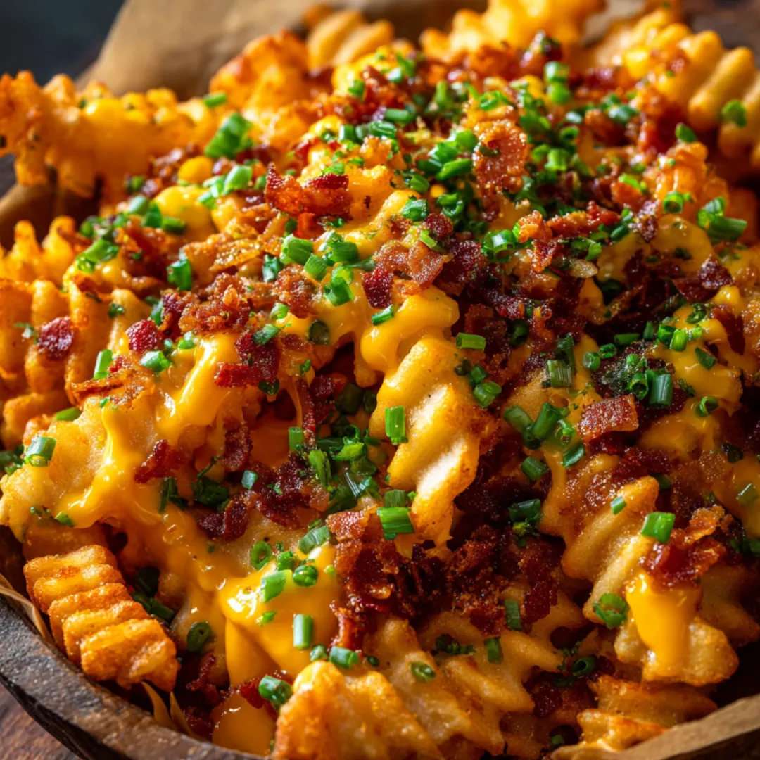 Super close shot of cheesy bacon fries that look crazy good.