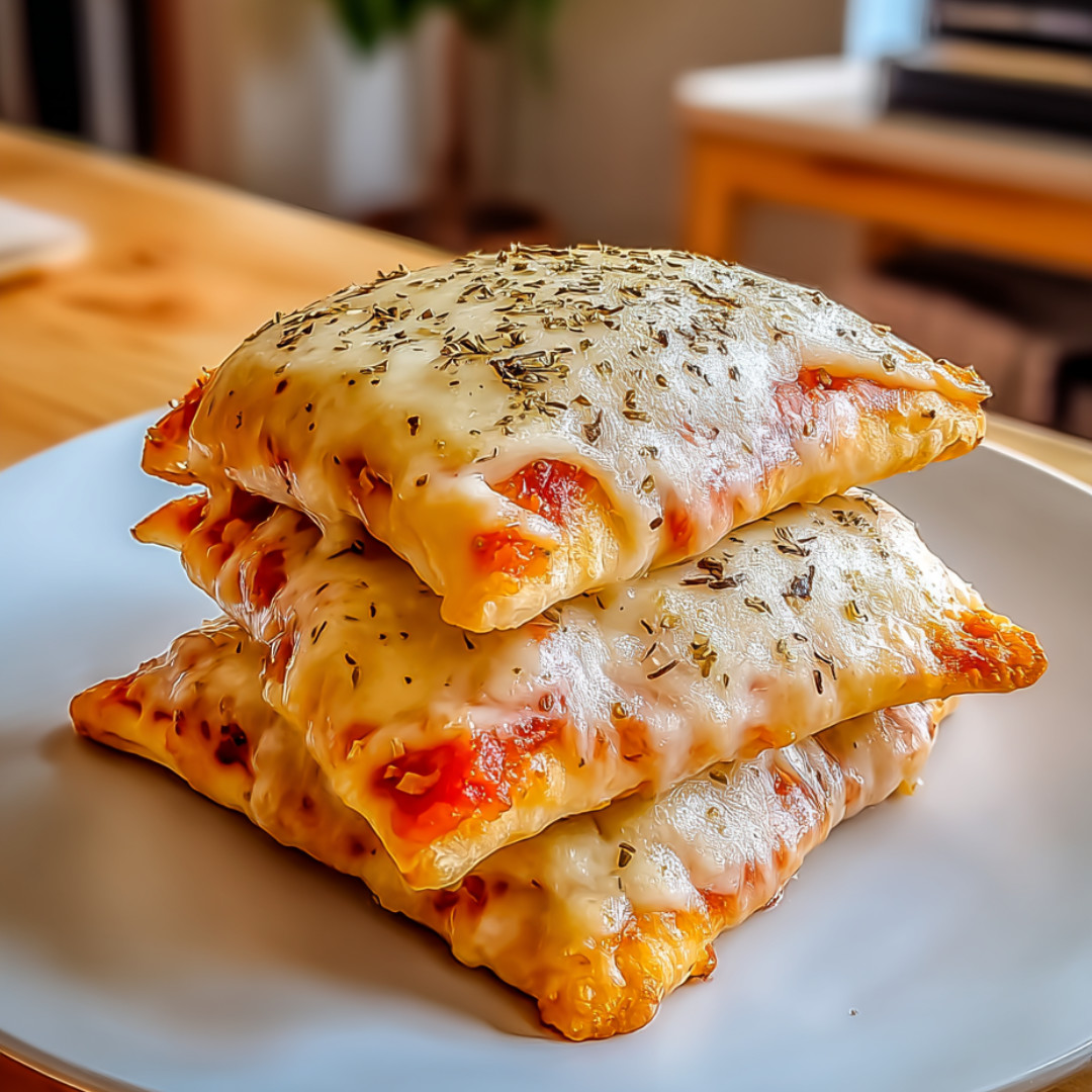 A stack of cheese and herb filled pizzas.