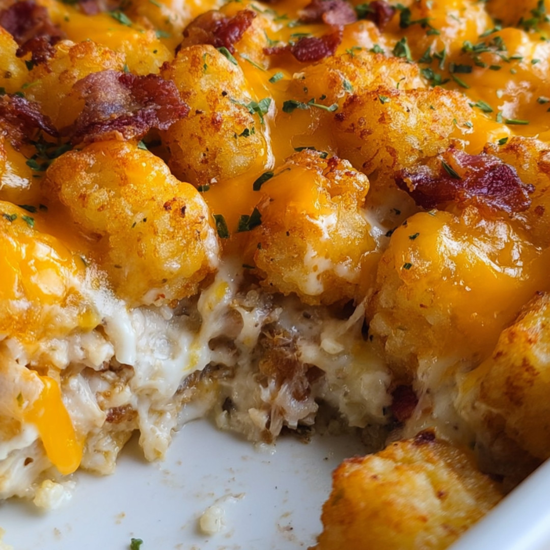 A close up of a delicious bacon and cheese casserole.
