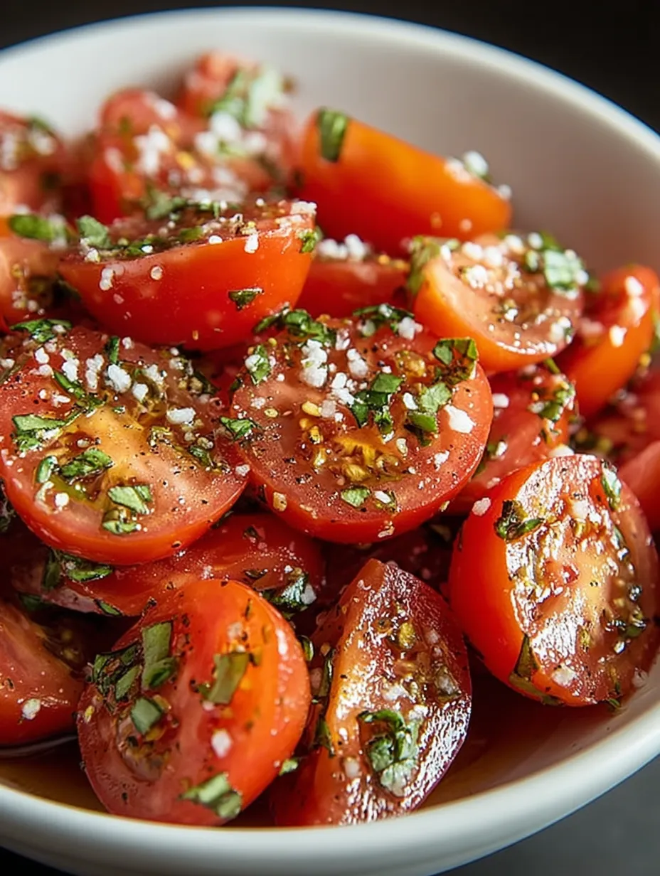 A bowl of tomatoes with herbs on top.