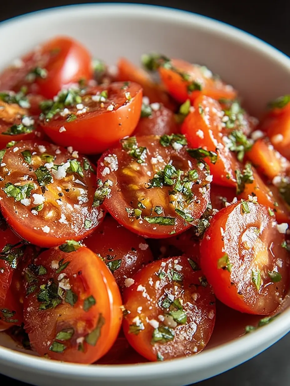 A bowl of tomatoes with herbs.
