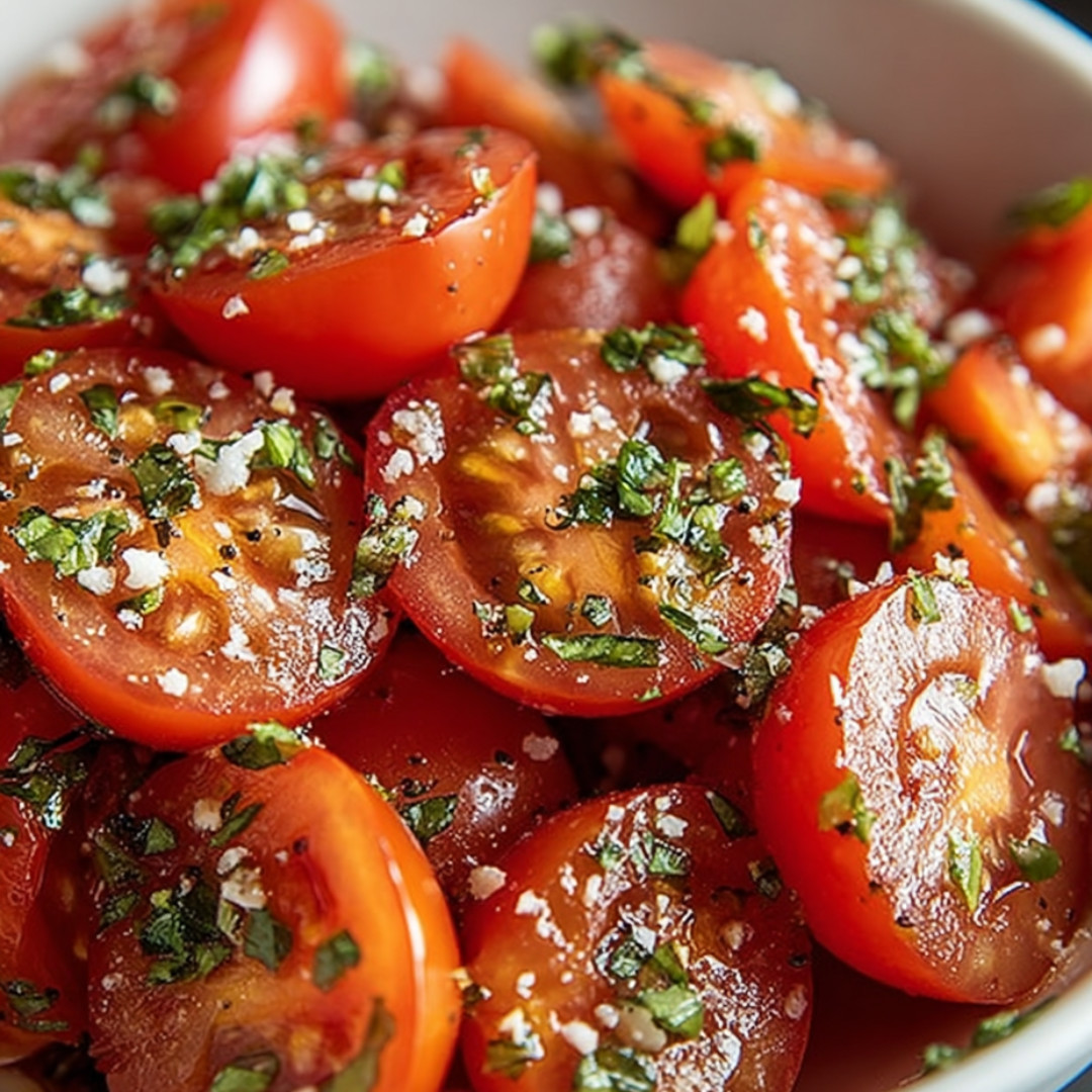 A bowl of tomatoes with herbs.