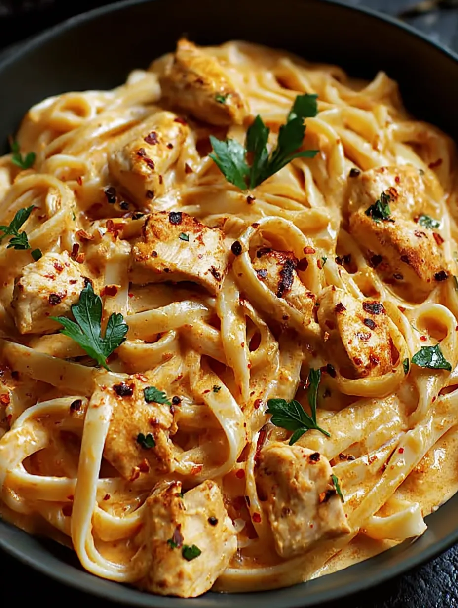 A bowl of pasta with chicken and herbs.