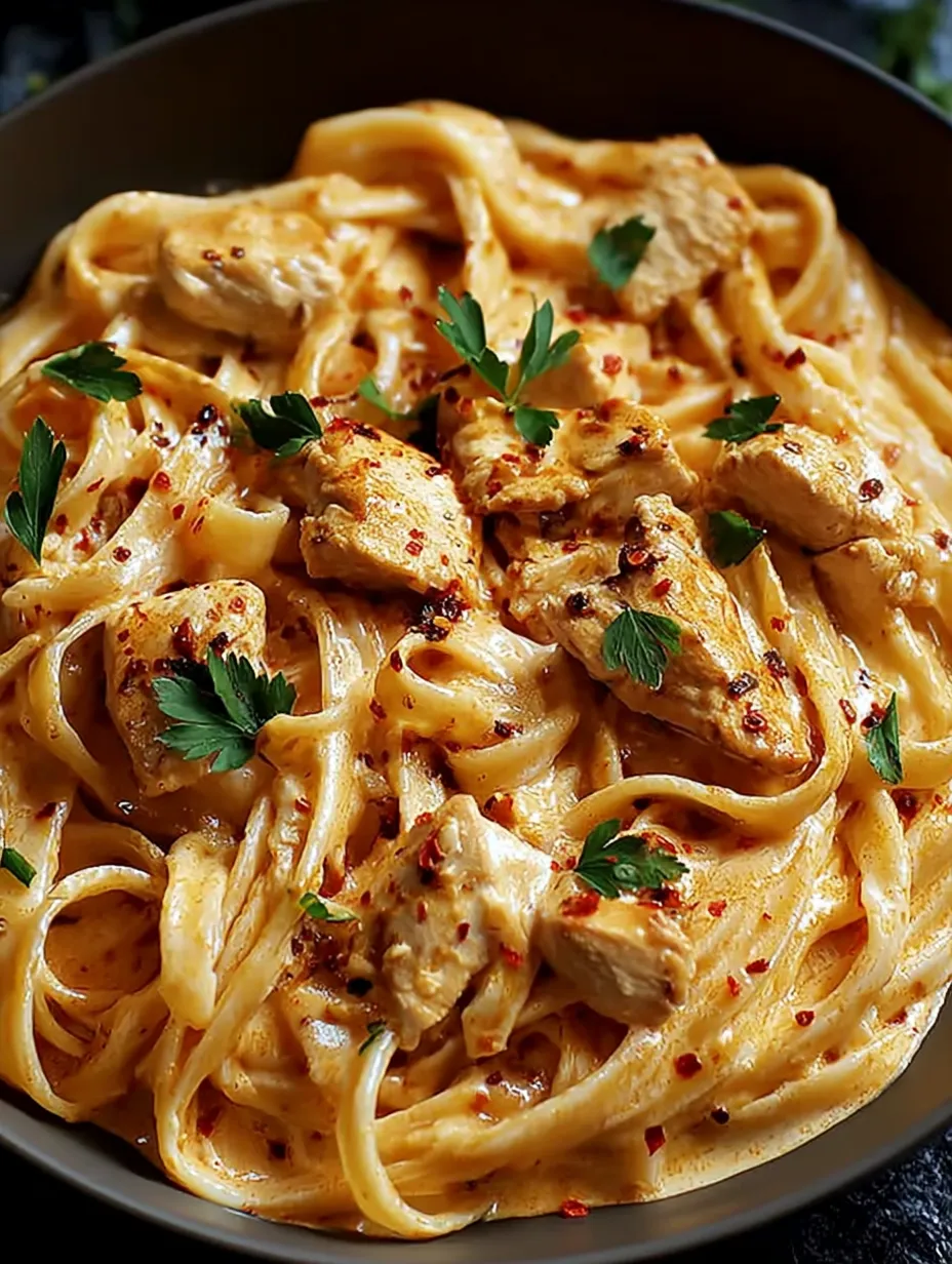 A bowl of pasta with chicken and peppers.