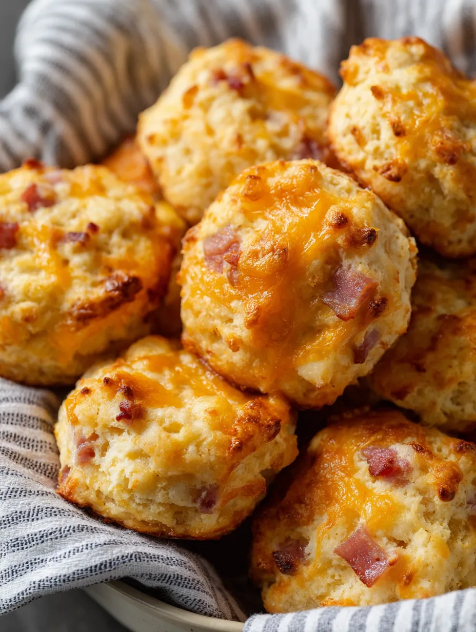 Plate piled with bacon and cheese biscuits.