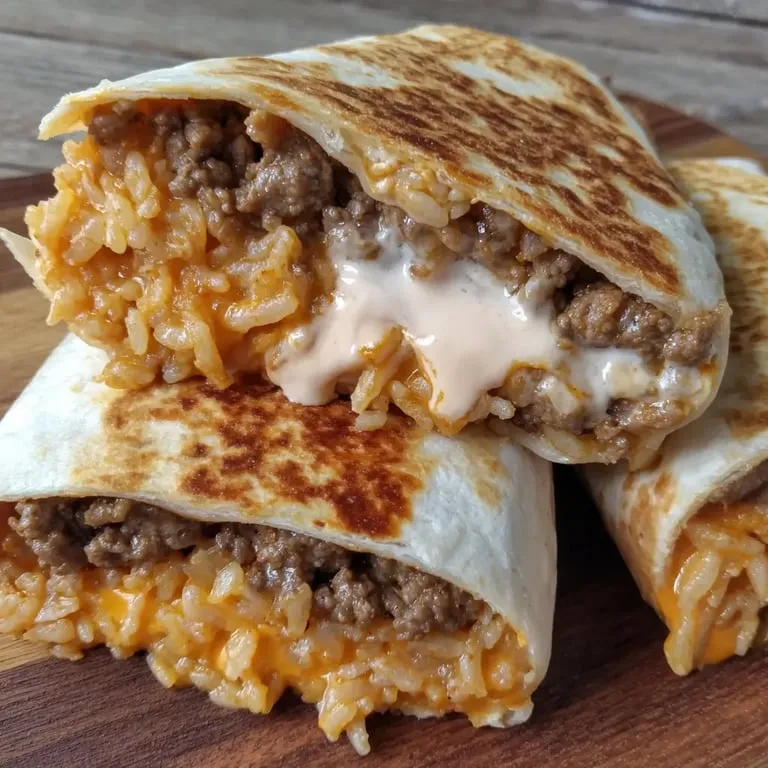 Big stuffed burrito full of rice and beef sitting on a wooden table.