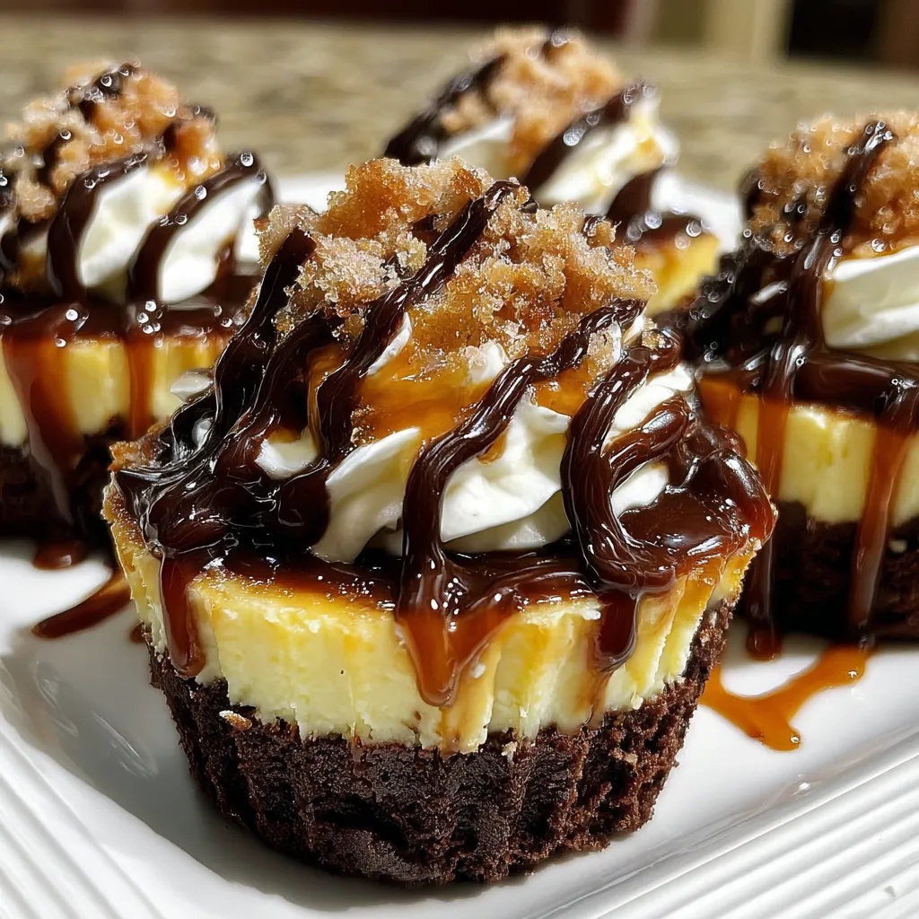 Little desserts on a plate, drizzled with chocolate and caramel.