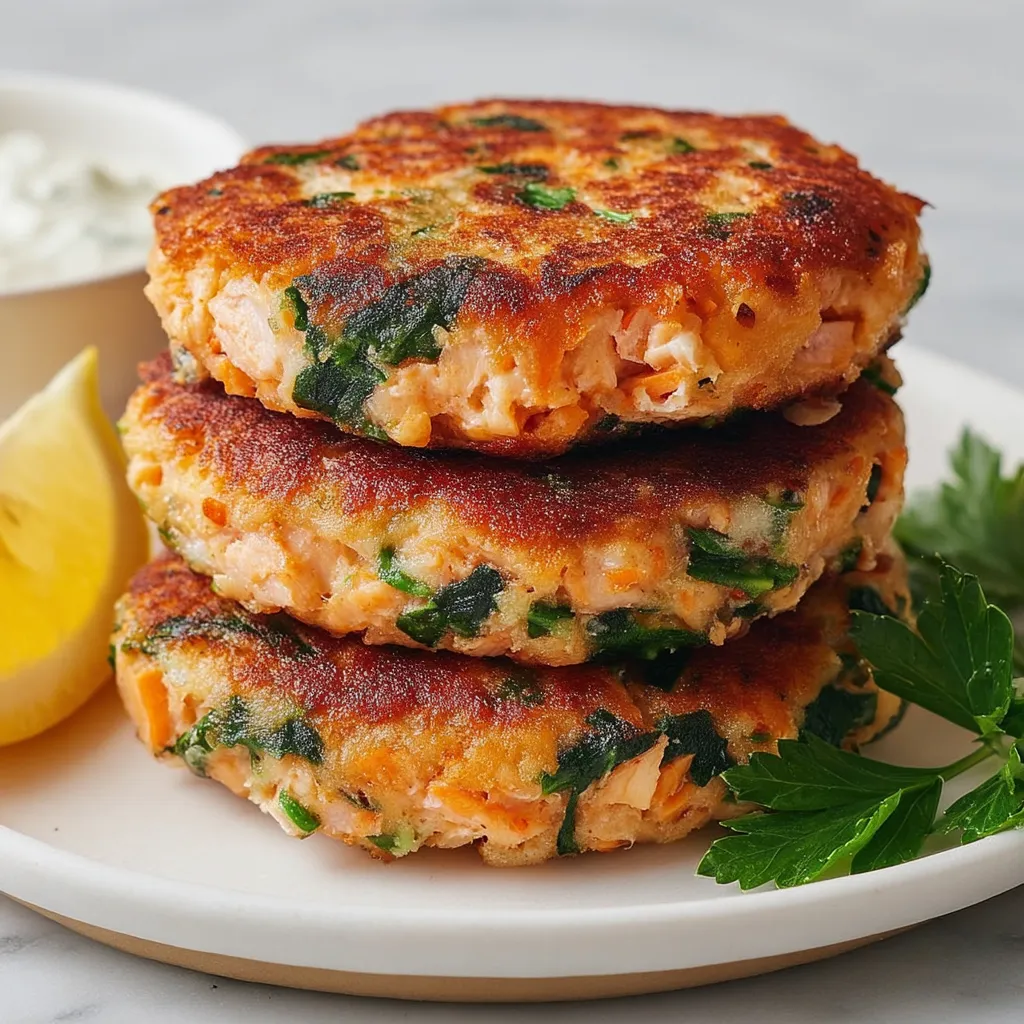 Three patties stacked together, topped with fresh greens.