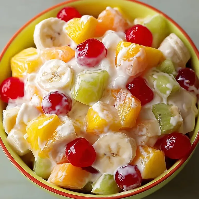 A bowl of fruit with bananas, pineapple, and cherries.