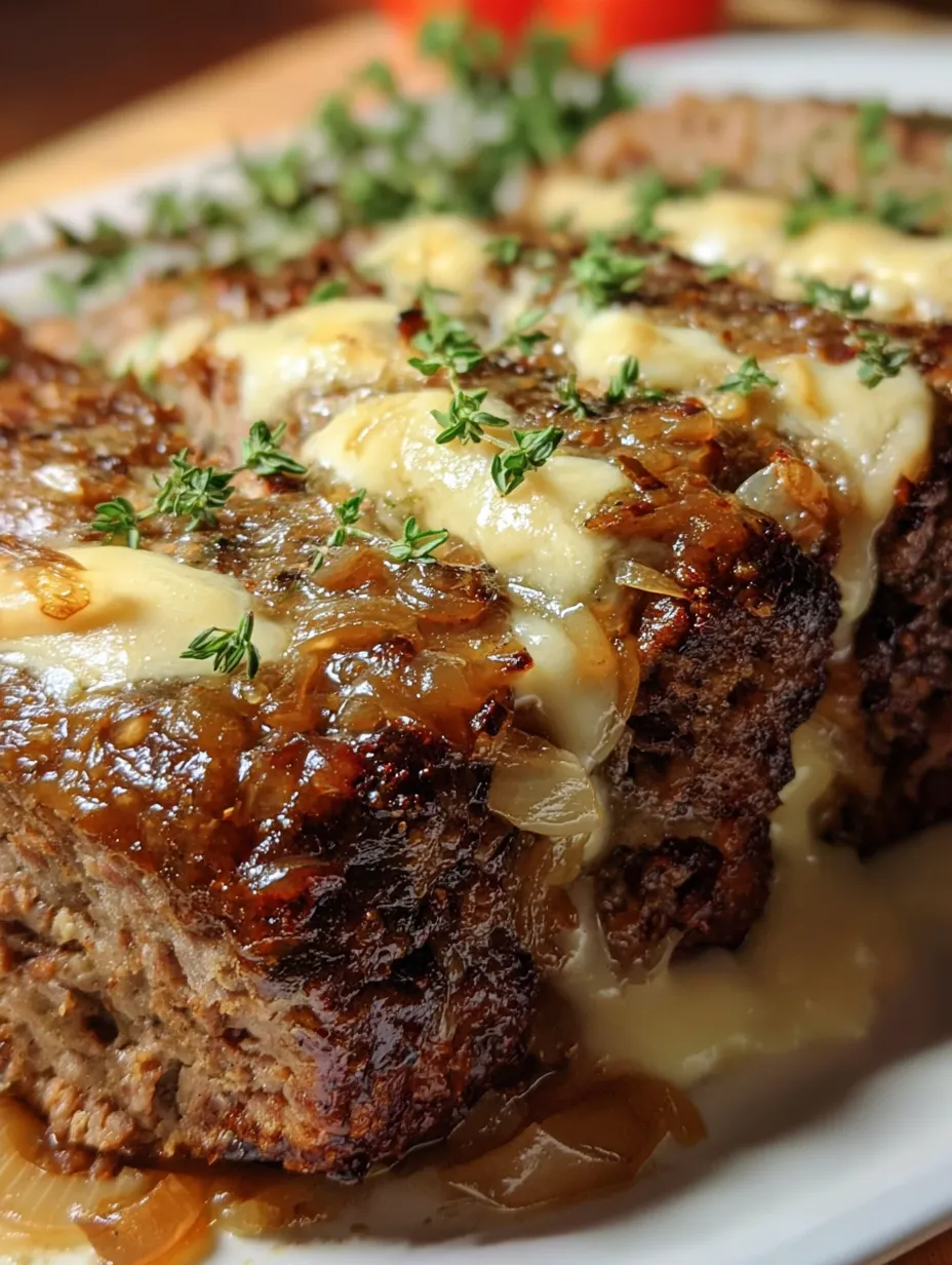 Plate showing meat topped with onions and melted cheese.