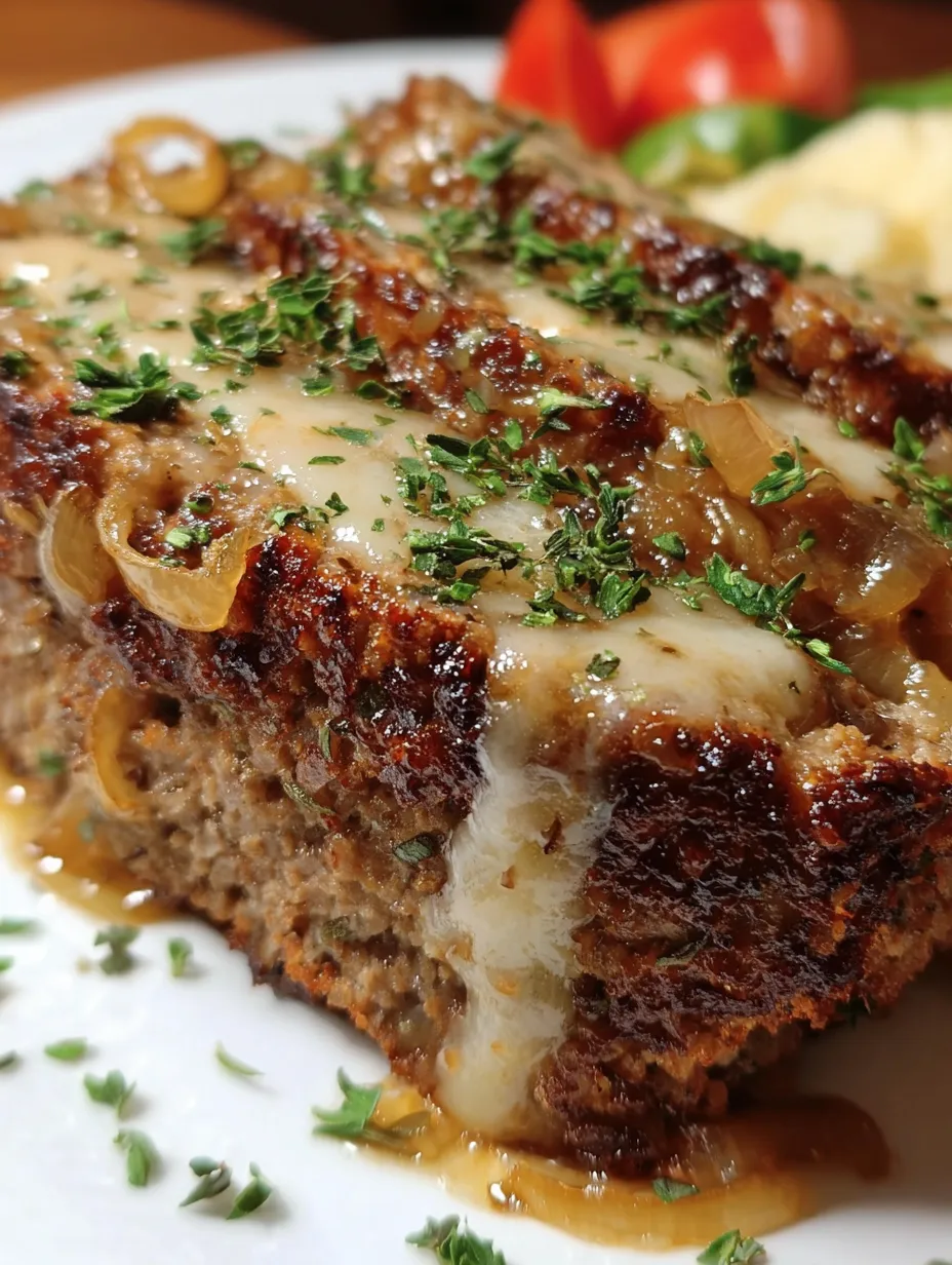 Slice of meat with onions and cheese on top.
