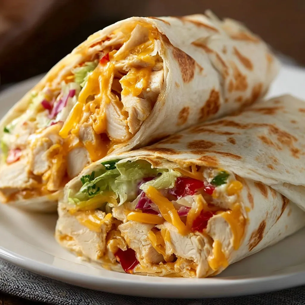 Two wraps on a plate with chicken filling.