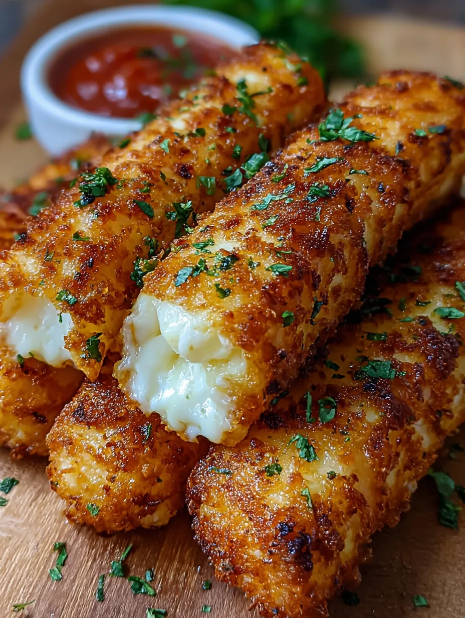 Plate with mozzarella sticks and dipping sauce.