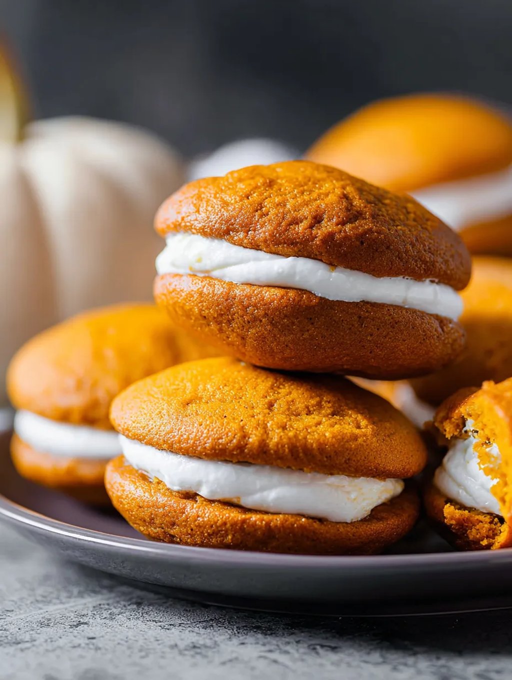Pumpkin whoopie pies on a plate.