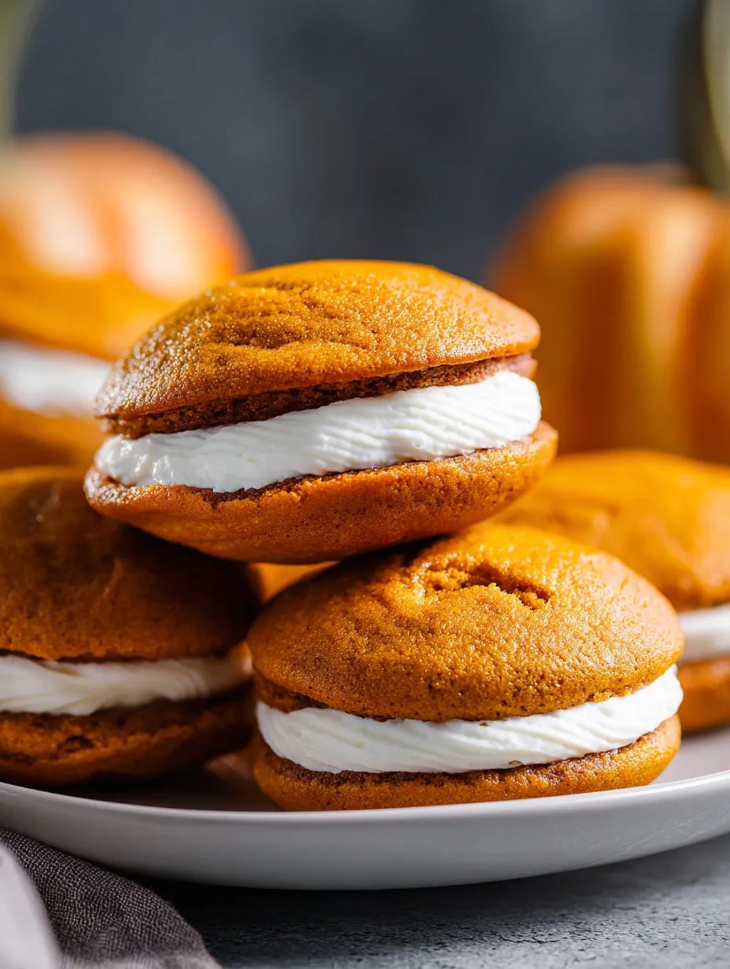 Pumpkin Whoopie Pies stacked on a plate.