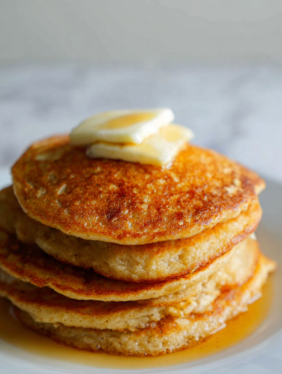 A stack of pancakes with butter on top.