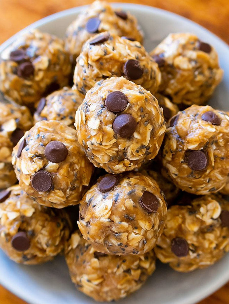 A plate of energy balls with chocolate chips.