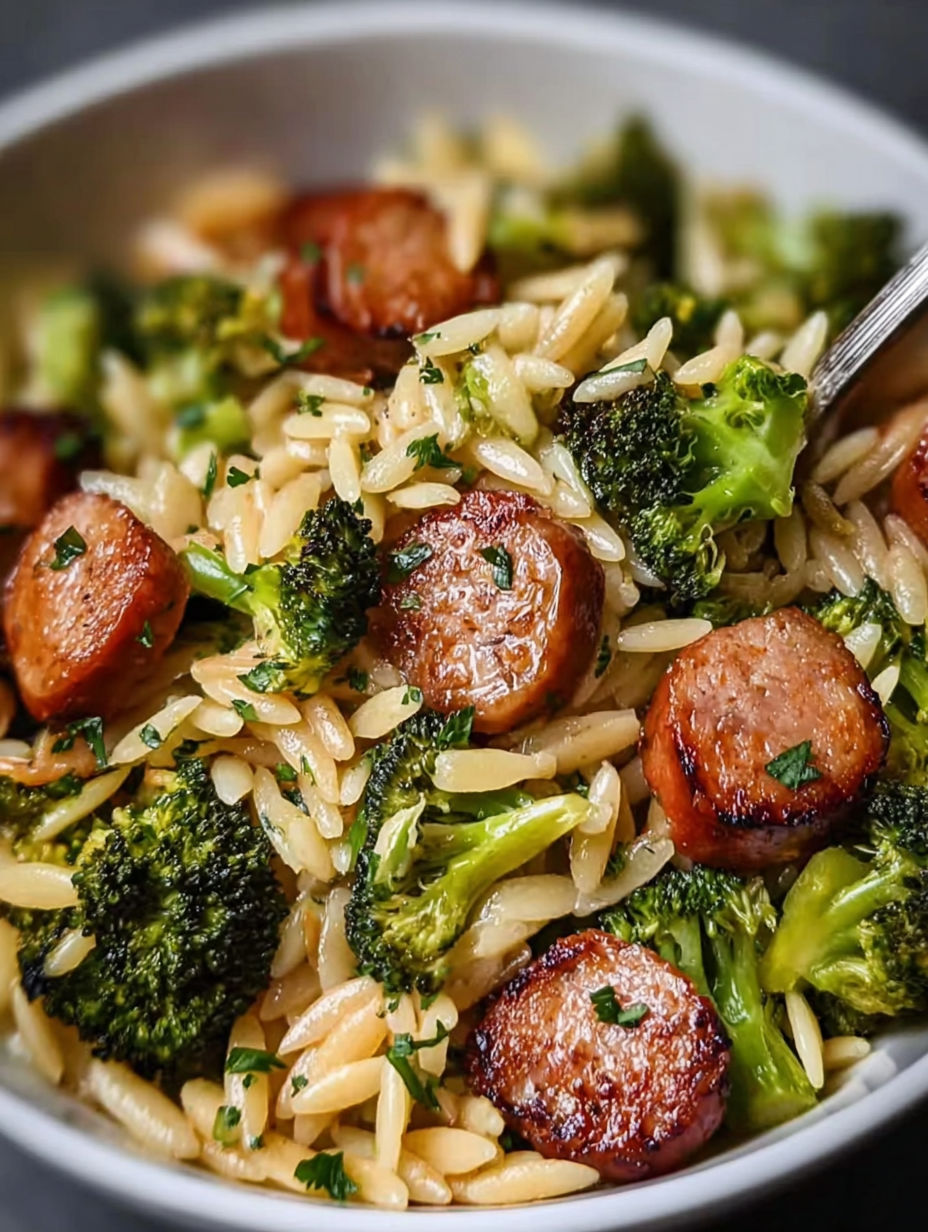A bowl of rice, sausage, and broccoli.