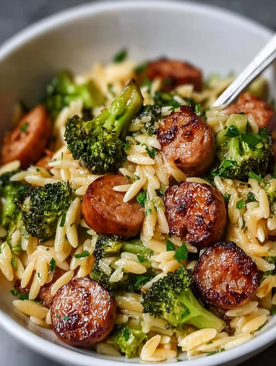 A bowl of chicken sausage and broccoli orzo.