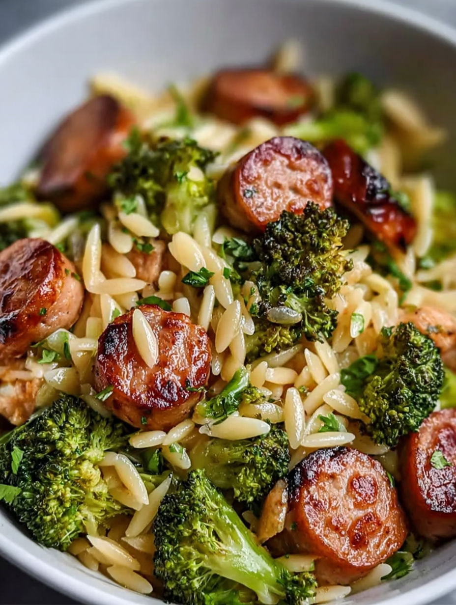 A plate of chicken sausage and broccoli orzo.