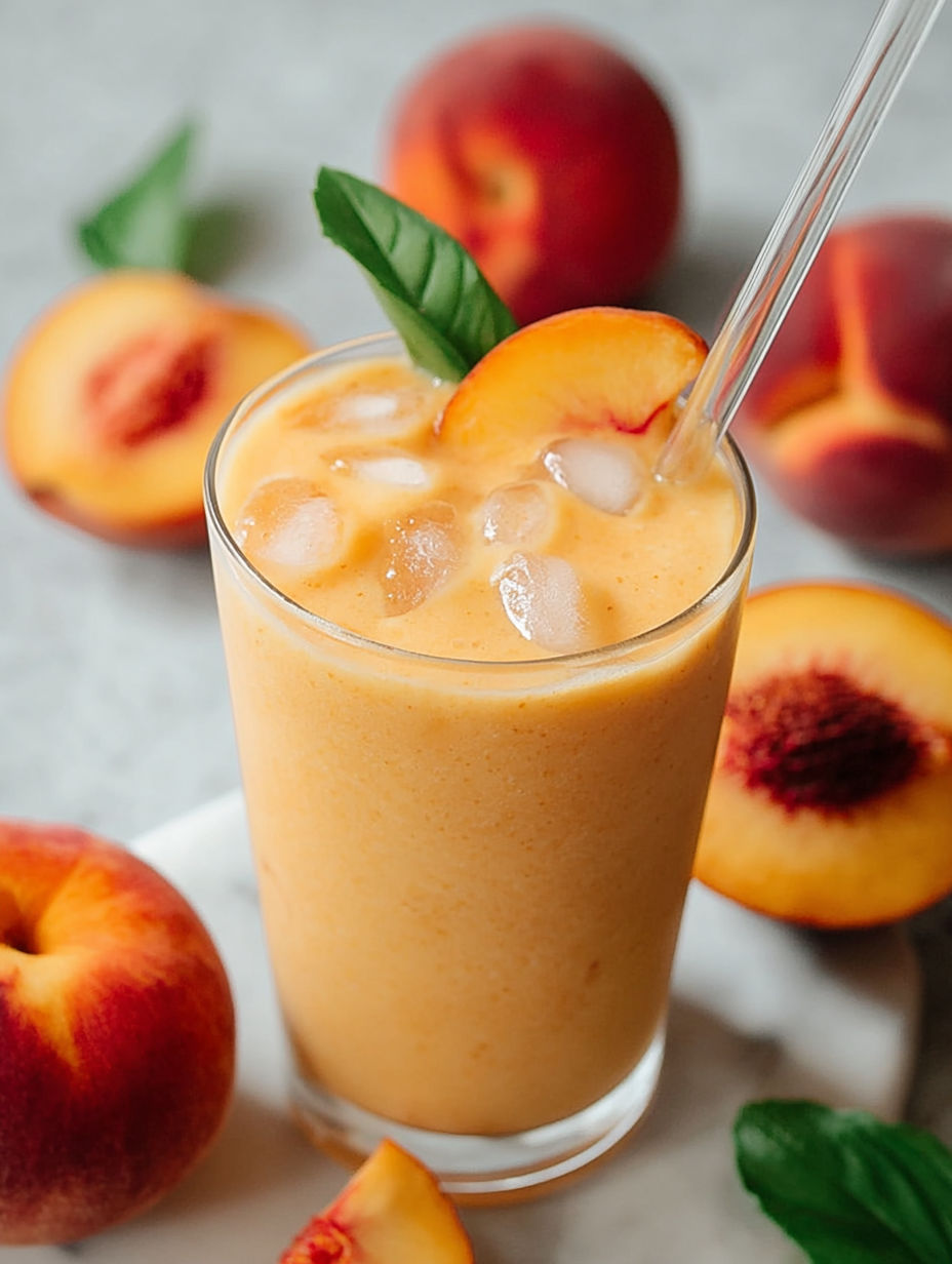 A glass of peach smoothie with ice and a sprig of mint.