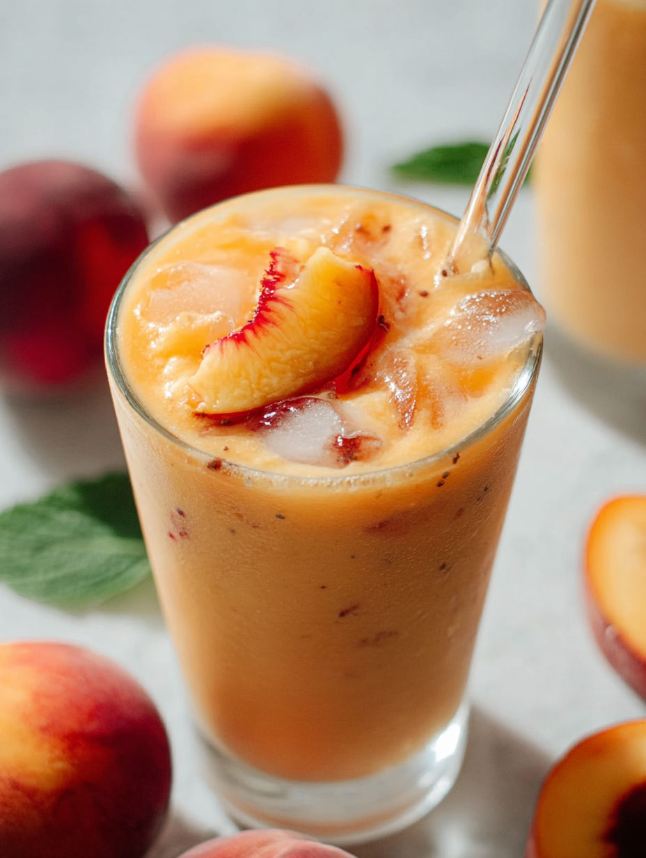 A glass of peach smoothie with a straw in it.