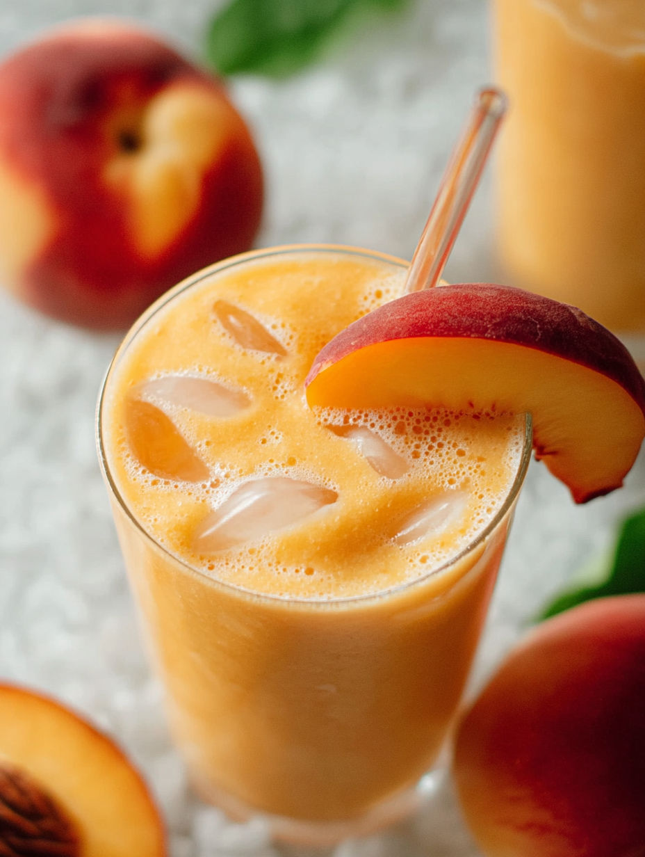 A glass of peach smoothie with a peach slice in it.