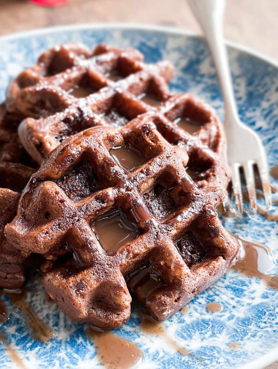 A plate of brownies with syrup on top.
